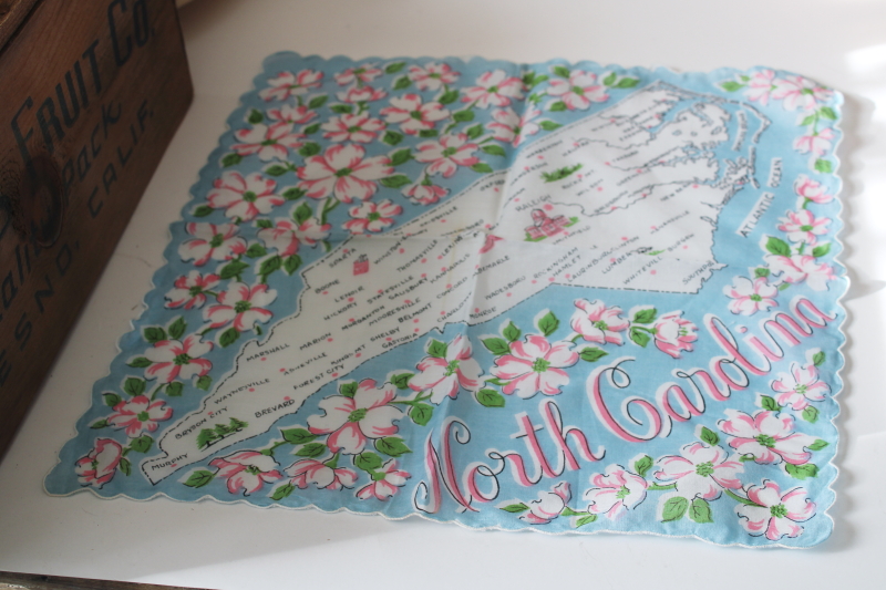 photo of 1950s 60s vintage hanky, North Carolina map print souvenir dogwoods floral cotton handkerchief  #1