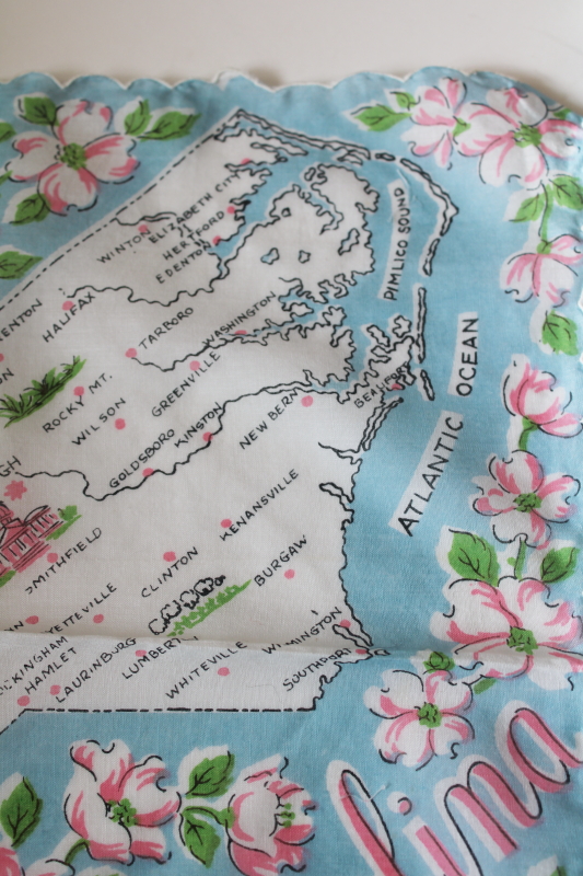 photo of 1950s 60s vintage hanky, North Carolina map print souvenir dogwoods floral cotton handkerchief #2