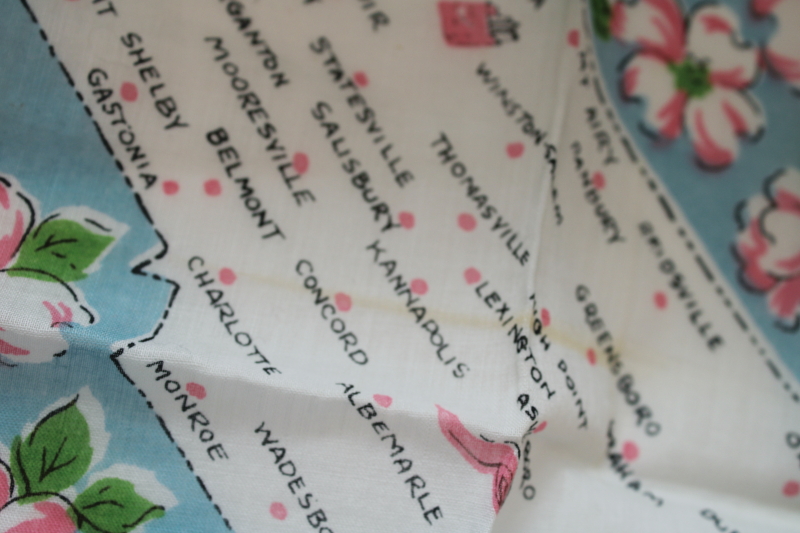 photo of 1950s 60s vintage hanky, North Carolina map print souvenir dogwoods floral cotton handkerchief #3