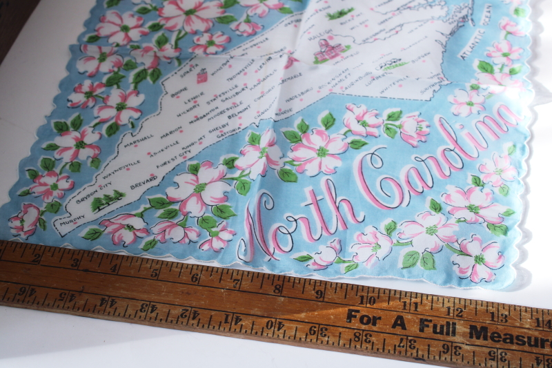 photo of 1950s 60s vintage hanky, North Carolina map print souvenir dogwoods floral cotton handkerchief #4