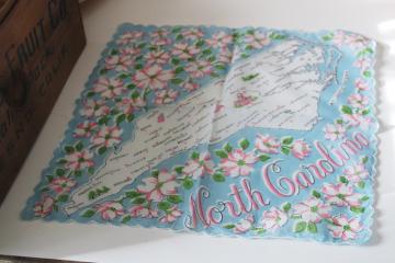 1950s 60s vintage hanky, North Carolina map print souvenir dogwoods floral cotton handkerchief 