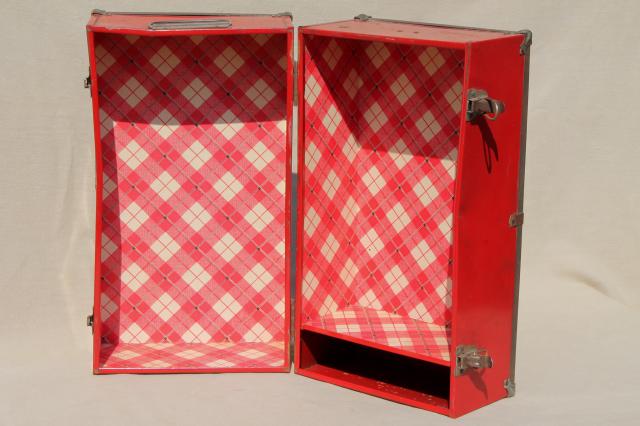 photo of 1950s - 60s vintage metal suitcase doll trunk travel case, retro red plaid #1