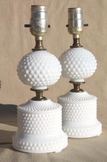 photo of 1950s 60s vintage milk glass lamps, pair of hobnail glass boudoir lamps #1