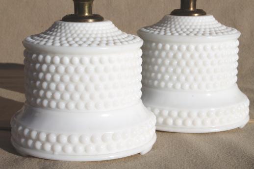 photo of 1950s 60s vintage milk glass lamps, pair of hobnail glass boudoir lamps #3