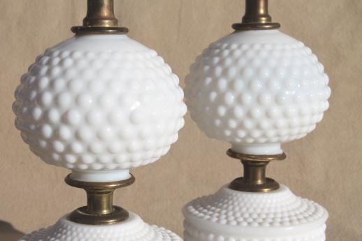 photo of 1950s 60s vintage milk glass lamps, pair of hobnail glass boudoir lamps #4