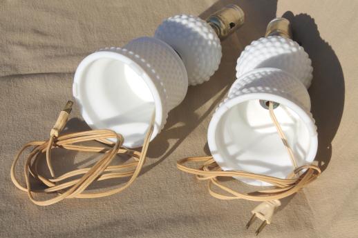 photo of 1950s 60s vintage milk glass lamps, pair of hobnail glass boudoir lamps #5