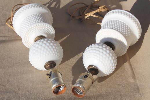 photo of 1950s 60s vintage milk glass lamps, pair of hobnail glass boudoir lamps #6