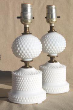 catalog photo of 1950s 60s vintage milk glass lamps, pair of hobnail glass boudoir lamps