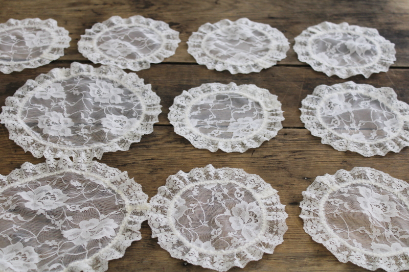 photo of 1950s 60s vintage nylon lace goblet rounds, ruffled doilies for drinking glasses or tea cups #1