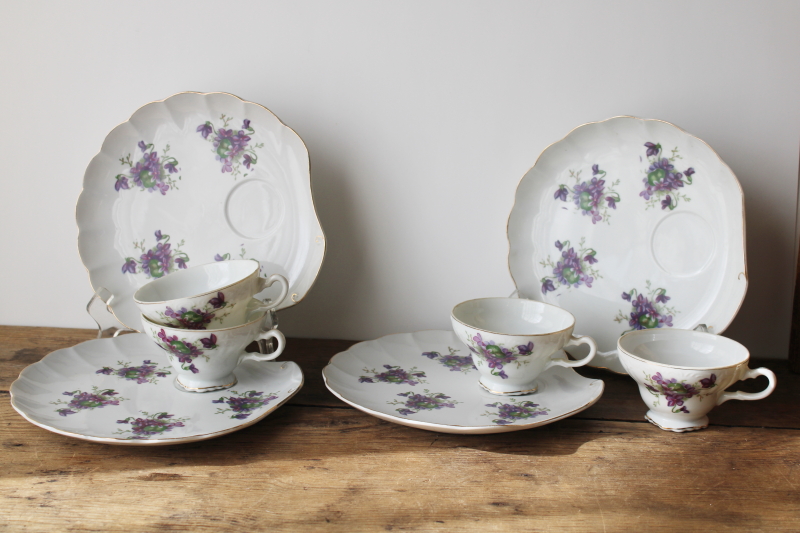 photo of 1950s Japan china tea cups & plates, violets floral snack sets, girly flowery dainty vintage dishes  #1