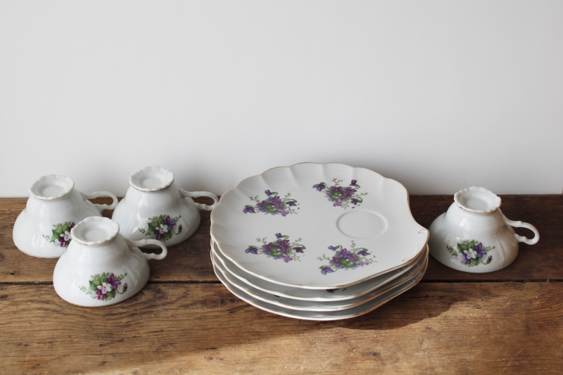 photo of 1950s Japan china tea cups & plates, violets floral snack sets, girly flowery dainty vintage dishes  #6