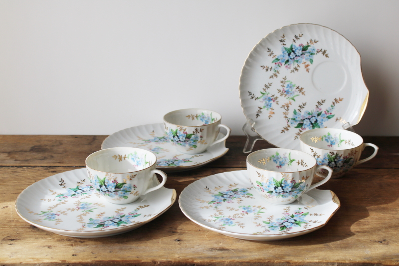 photo of 1950s Japan china tea cups & shell shape plates, blue forget me nots floral snack sets, dainty vintage dishes  #1