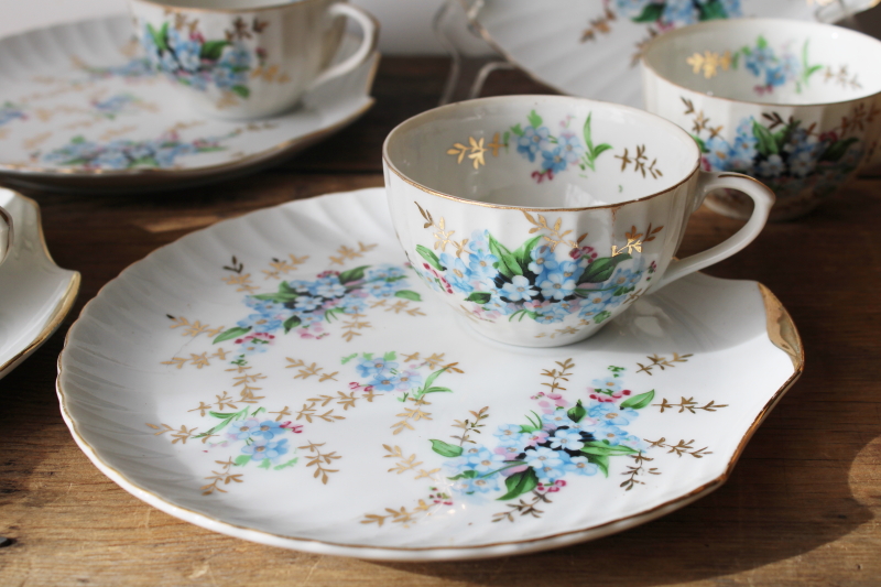 photo of 1950s Japan china tea cups & shell shape plates, blue forget me nots floral snack sets, dainty vintage dishes  #2