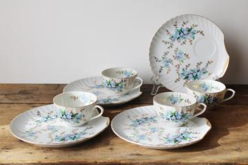 catalog photo of 1950s Japan china tea cups & shell shape plates, blue forget me nots floral snack sets, dainty vintage dishes 