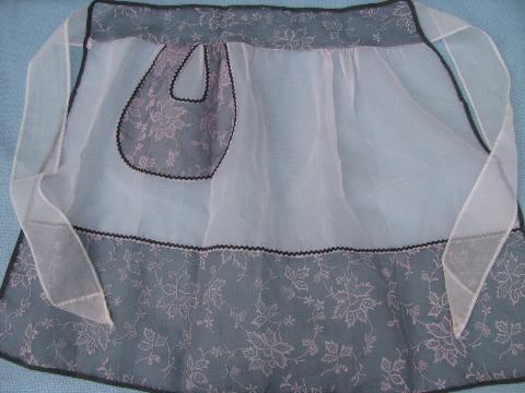 photo of 1950s apron lot, sheer hostess aprons, vintage flowered cotton prints #7