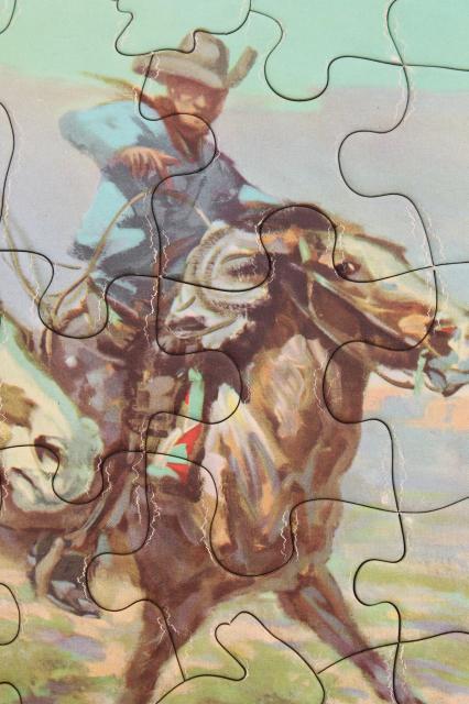 photo of 1950s cowboy photo / art jigsaw puzzles, complete vintage children's tray puzzles  #8