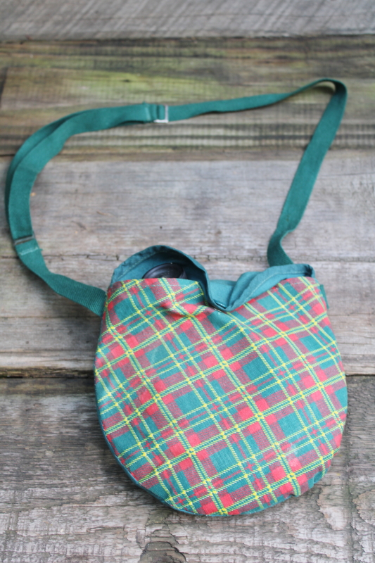 photo of 1950s or 60s vintage Girl Scouts metal canteen w/ green & red plaid cotton carrier shoulder bag  #1