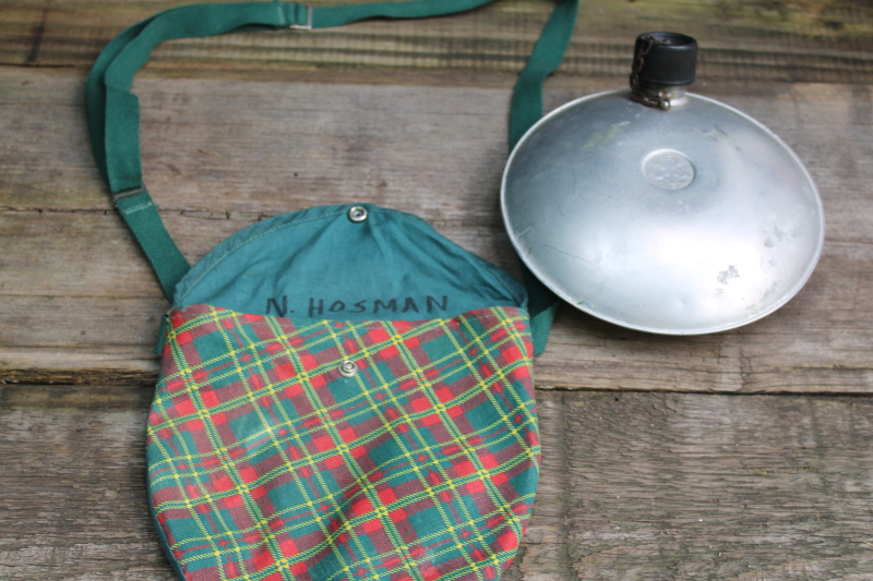 photo of 1950s or 60s vintage Girl Scouts metal canteen w/ green & red plaid cotton carrier shoulder bag  #2