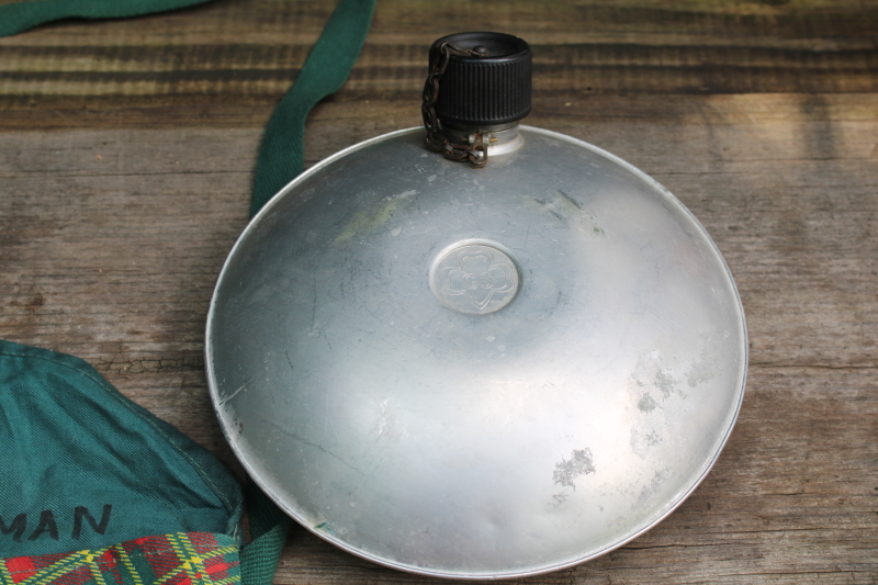 photo of 1950s or 60s vintage Girl Scouts metal canteen w/ green & red plaid cotton carrier shoulder bag  #3