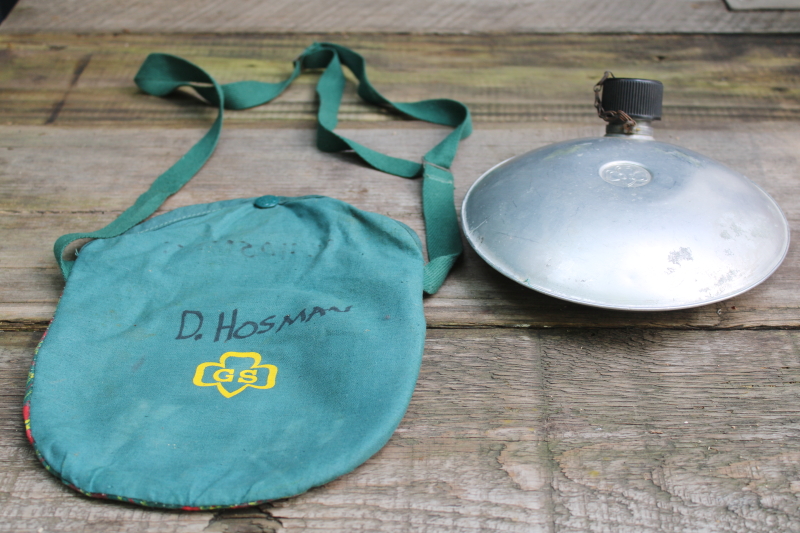 photo of 1950s or 60s vintage Girl Scouts metal canteen w/ green & red plaid cotton carrier shoulder bag  #6