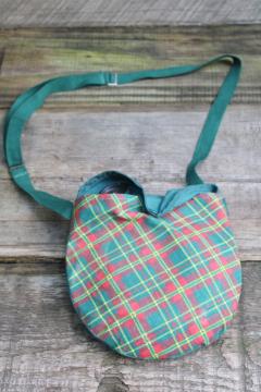 catalog photo of 1950s or 60s vintage Girl Scouts metal canteen w/ green & red plaid cotton carrier shoulder bag 