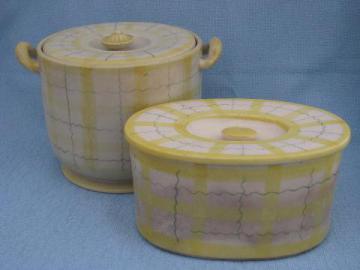 catalog photo of 1950s plaid kitchenware, ceramic cookie jar, covered dish or fridge box