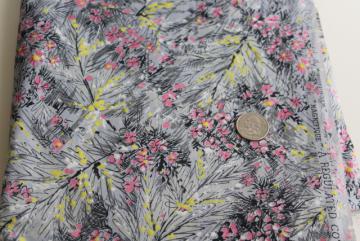 catalog photo of 1950s regulated cotton fabric 'painted' floral print on grey, original tag