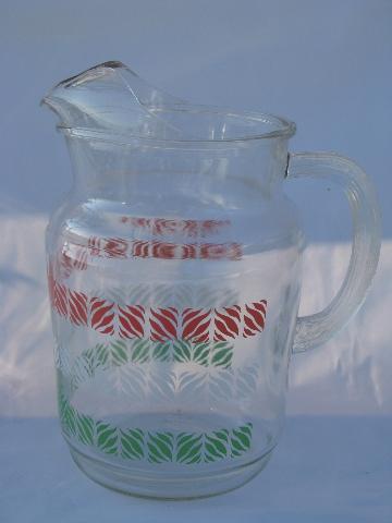 photo of 1950s swanky swigs vintage kitchen glass pitcher, red / green / white #1