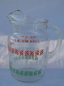 catalog photo of 1950s swanky swigs vintage kitchen glass pitcher, red / green / white