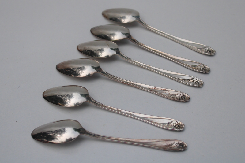 photo of 1950s vintage 1847 Rogers silver plate teaspoons, daffodil floral pattern #3