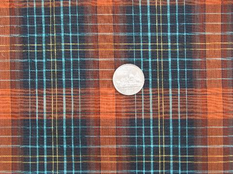 photo of 1950's vintage 36'' cotton tan/gold/aqua plaid fabric, 7 yards #1