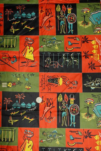 photo of 1950s vintage 36 wide cotton fabric, African tribal scenes stylized mid-century print #1