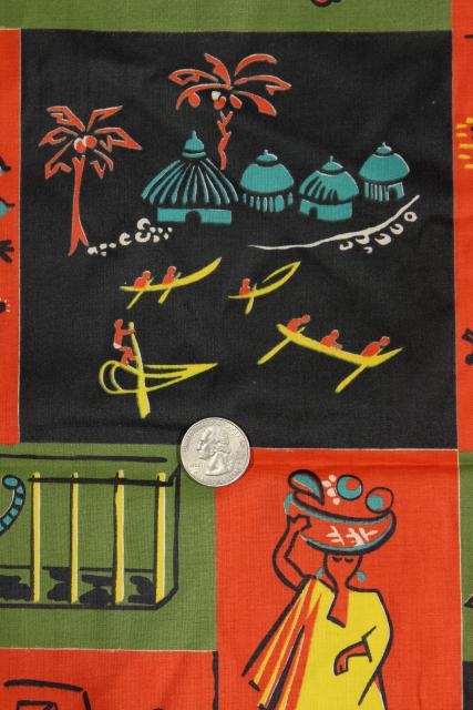 photo of 1950s vintage 36 wide cotton fabric, African tribal scenes stylized mid-century print #5