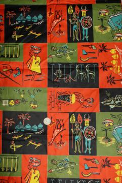 catalog photo of 1950s vintage 36 wide cotton fabric, African tribal scenes stylized mid-century print