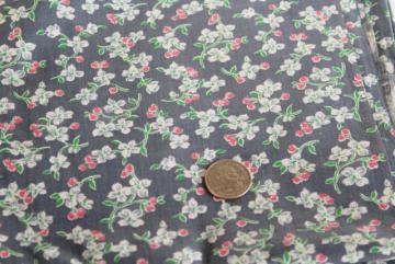 catalog photo of 1950s vintage 36 wide cotton fabric, cherry blossom print on charcoal grey