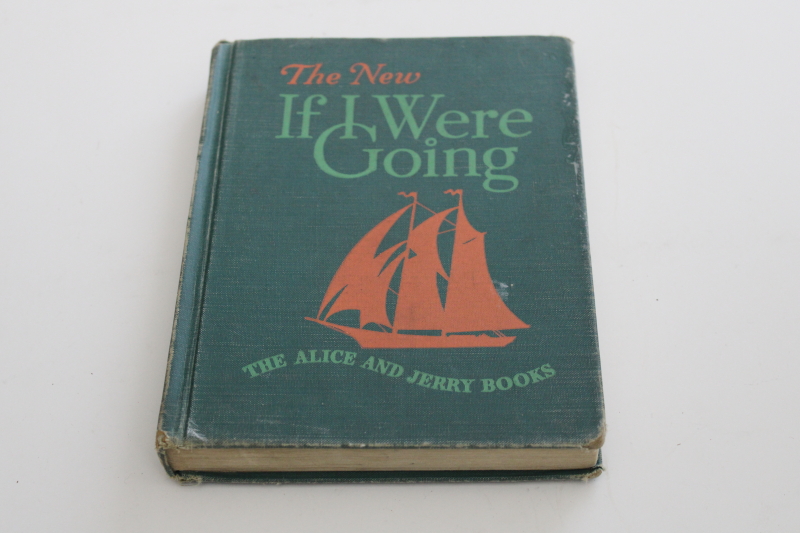 photo of 1950s vintage Alice & Jerry series reader, green cloth cover school reading book #1