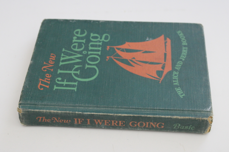 photo of 1950s vintage Alice & Jerry series reader, green cloth cover school reading book #6