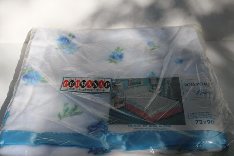 photo of 1950s vintage Beacon blanket mint in package, floral print rayon / cotton PermaNap label #1