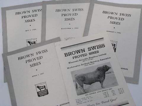 photo of 1950s vintage Brown Swiss sire pedigree catalogs, early AI breeding bulls, ABS #1