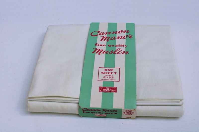 photo of 1950s vintage Cannon white cotton muslin flat sheet, original packaging mint green stripe & pink #1