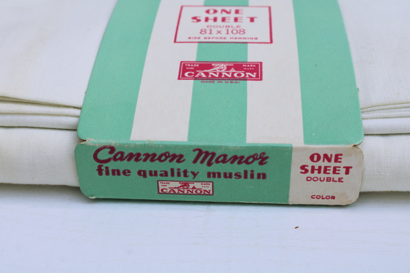 photo of 1950s vintage Cannon white cotton muslin flat sheet, original packaging mint green stripe & pink  #2