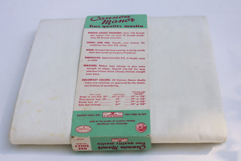 photo of 1950s vintage Cannon white cotton muslin flat sheet, original packaging mint green stripe & pink  #3