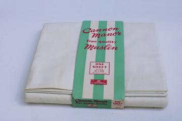 catalog photo of 1950s vintage Cannon white cotton muslin flat sheet, original packaging mint green stripe & pink 