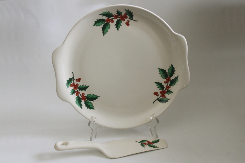 photo of 1950s vintage Christmas holly ceramic cake plate & server, Sears Harmony House china  #1