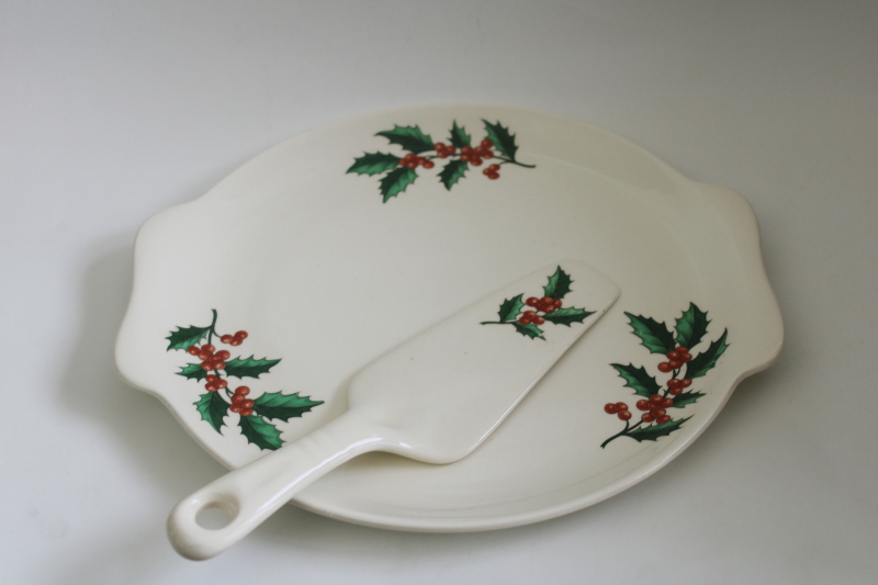 photo of 1950s vintage Christmas holly ceramic cake plate & server, Sears Harmony House china  #2