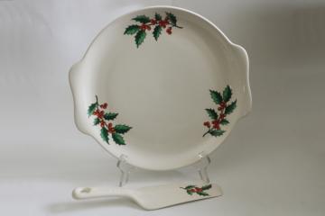 1950s vintage Christmas holly ceramic cake plate & server, Sears Harmony House china 