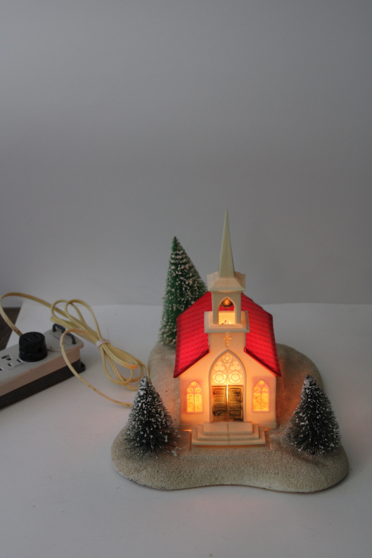 photo of 1950s vintage Christmas putz decoration, large lighted church music box Adeste Fidelis #1