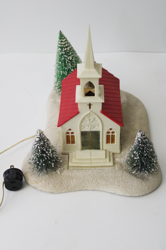 photo of 1950s vintage Christmas putz decoration, large lighted church music box Adeste Fidelis #2