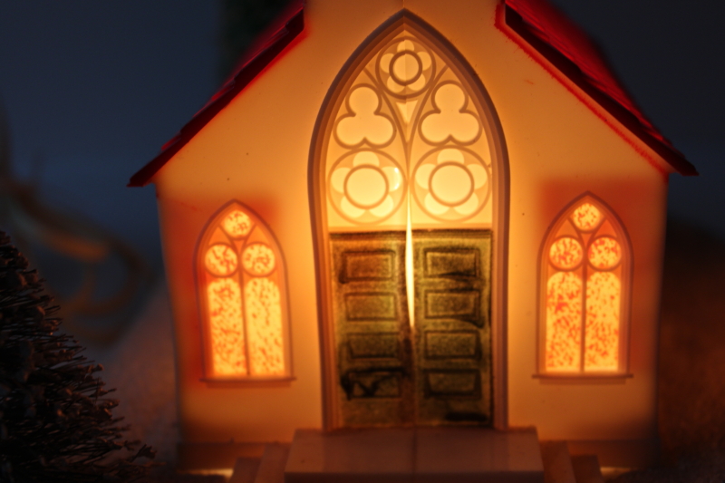 photo of 1950s vintage Christmas putz decoration, large lighted church music box Adeste Fidelis #4