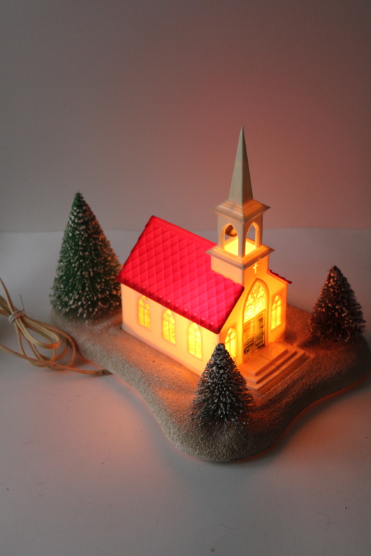 photo of 1950s vintage Christmas putz decoration, large lighted church music box Adeste Fidelis #5